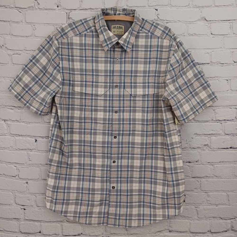 Lake & Trail Fast Dri Plaid Button Up Size Medium Blue Orange Short Sleeve NWT